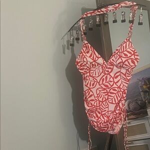 Perry Ellis Coral and White Leaf Swim Bodysuit